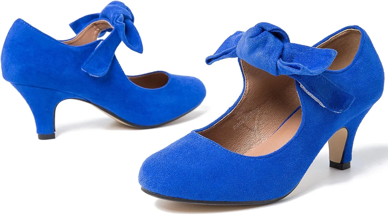 LIURUIJIA Women's Bow Heels Mary Jane Kitten Heel Pumps Round Toe Low Heels Ankle Strap Wedding Evening Party Dress Shoes