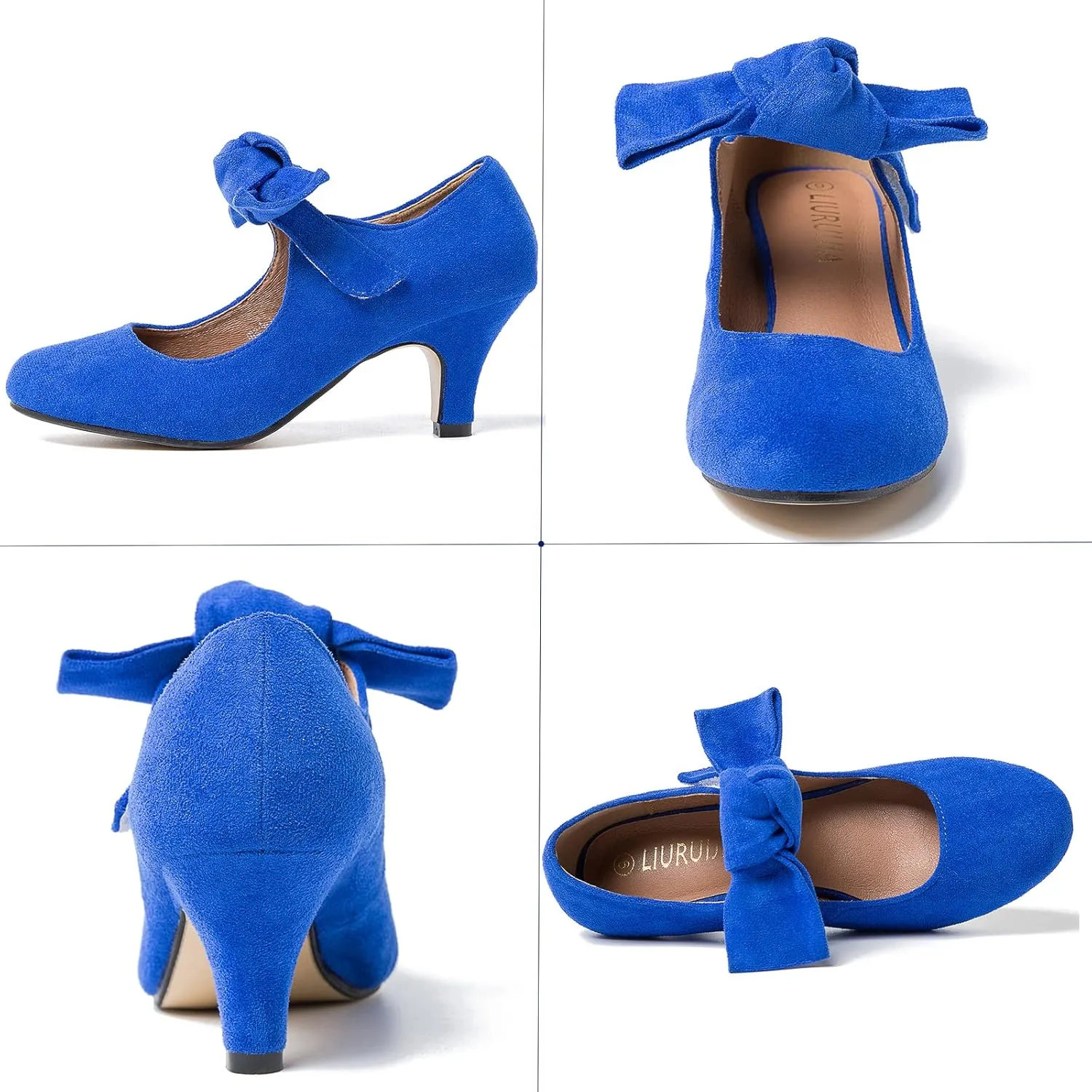 LIURUIJIA Women's Bow Heels Mary Jane Kitten Heel Pumps Round Toe Low Heels Ankle Strap Wedding Evening Party Dress Shoes