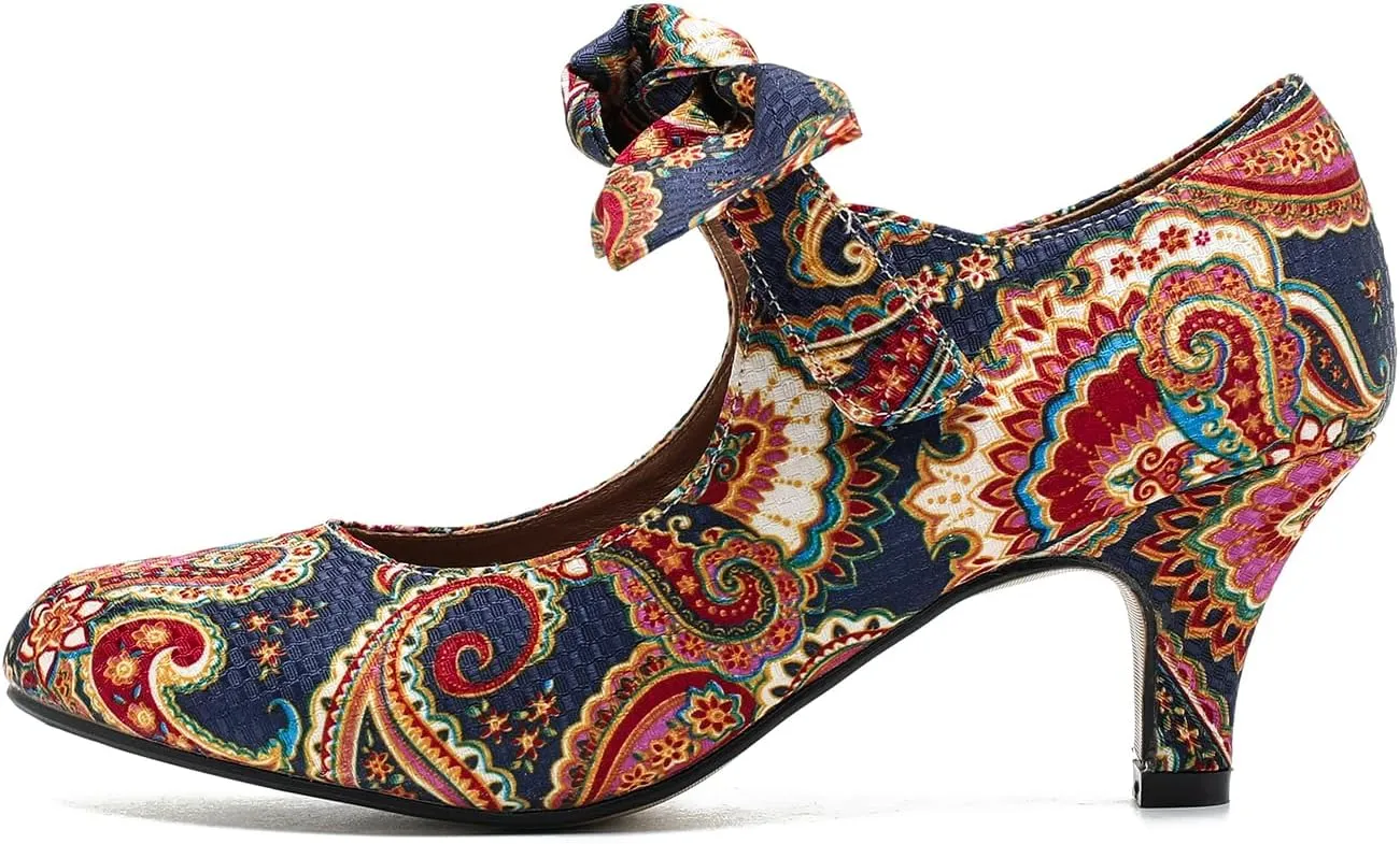 LIURUIJIA Women's Bow Heels Mary Jane Kitten Heel Pumps Round Toe Low Heels Ankle Strap Wedding Evening Party Dress Shoes