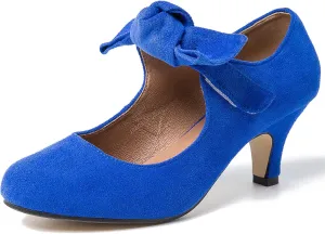 LIURUIJIA Women's Bow Heels Mary Jane Kitten Heel Pumps Round Toe Low Heels Ankle Strap Wedding Evening Party Dress Shoes
