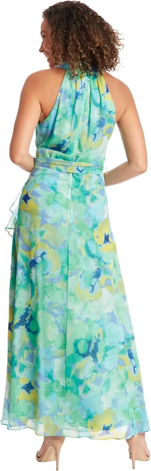 London Times V-Neck Waist Tie Ruffle Cascade Wedding Guest Dresses for Women
