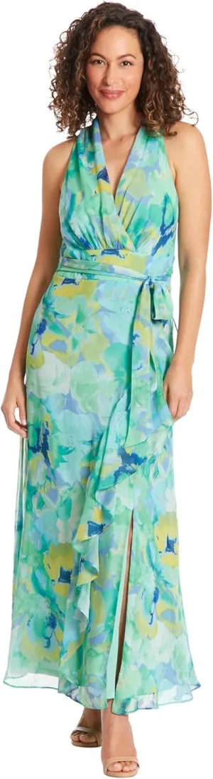 London Times V-Neck Waist Tie Ruffle Cascade Wedding Guest Dresses for Women