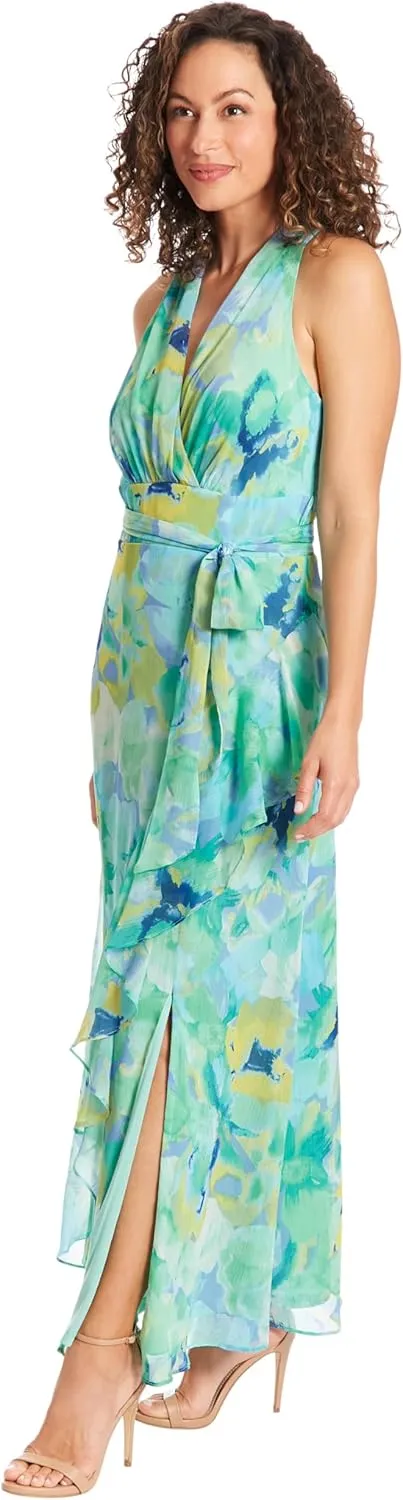 London Times V-Neck Waist Tie Ruffle Cascade Wedding Guest Dresses for Women