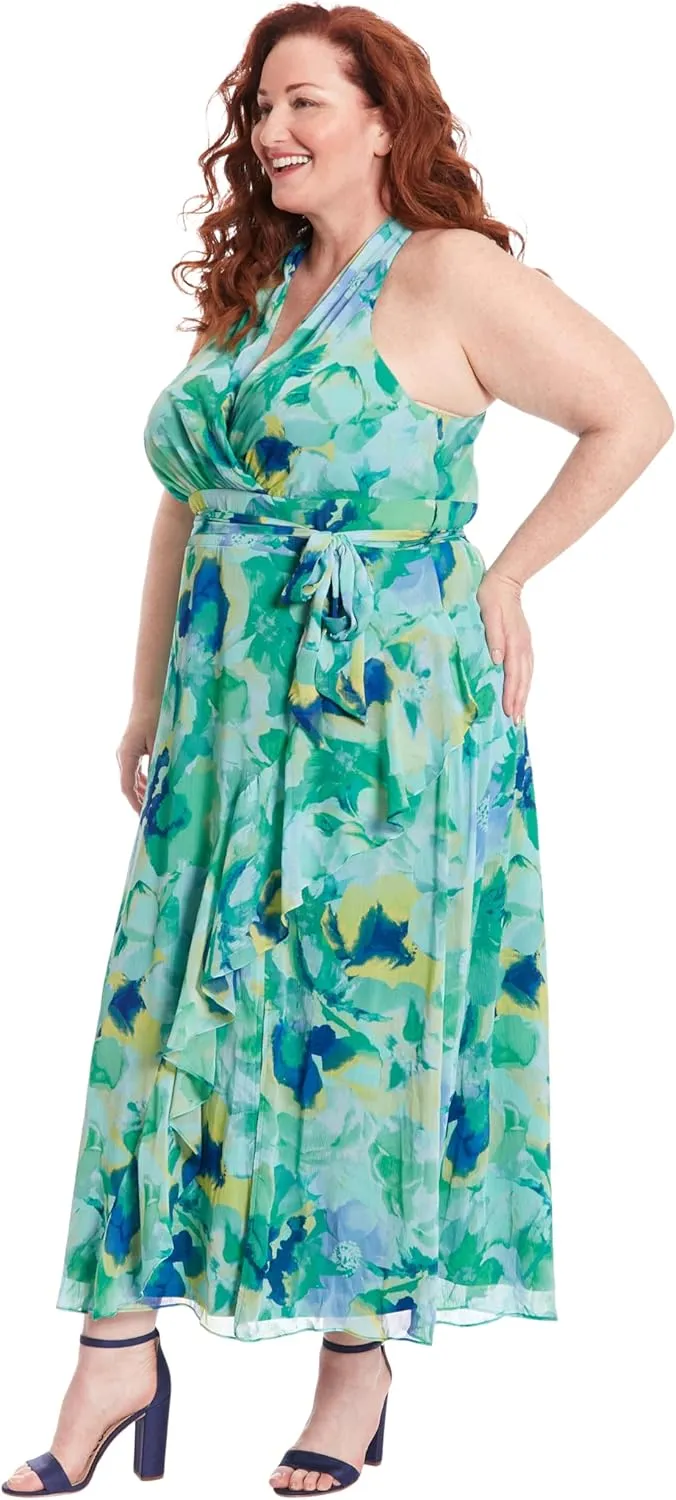 London Times V-Neck Waist Tie Ruffle Cascade Wedding Guest Dresses for Women