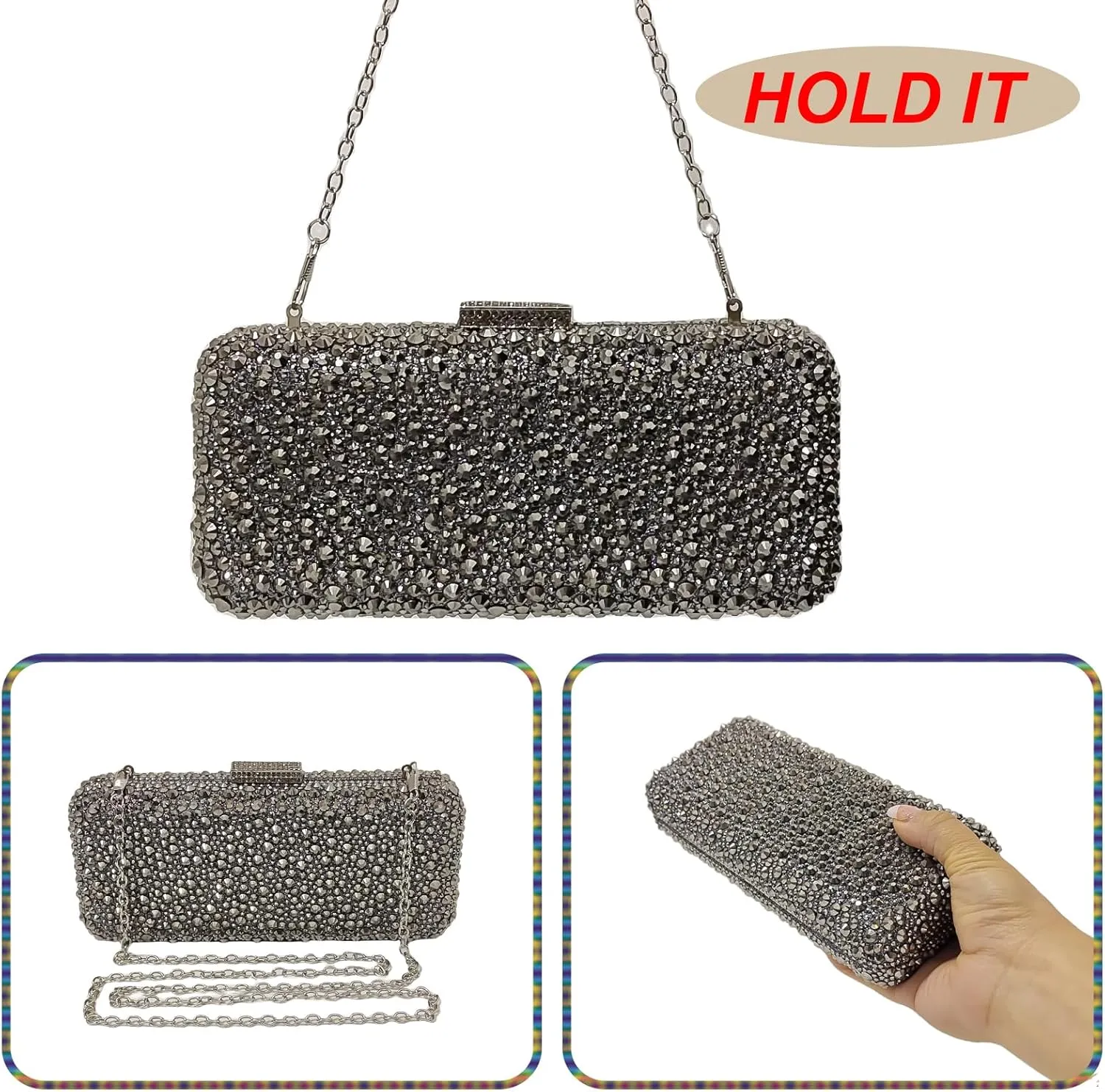 Long Rhinestone Box Evening Bag Women Formal Gathering Party Crystal Clutch Bridal Purse