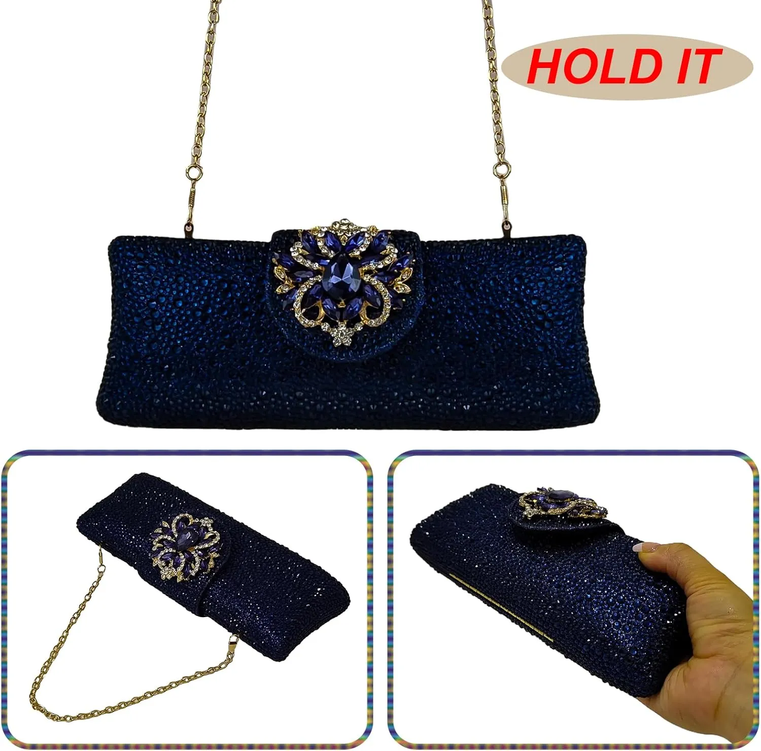 Long Rhinestone Box Evening Bag Women Formal Gathering Party Floral Handbag Clutch Purse Prom Bag