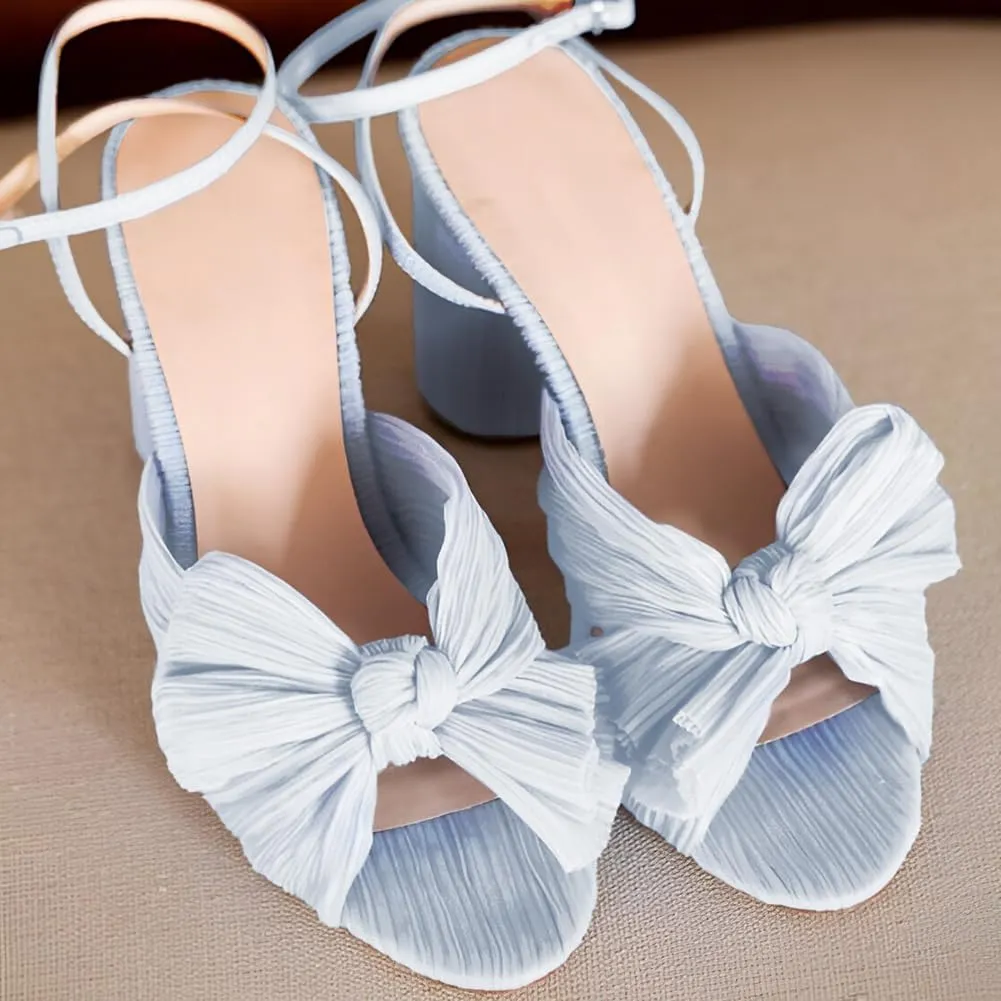 Lovee Cosee Women's Bow Knot Heeled Sandals Pleated Open Toe Ankle Strap Chunky Heels for Bride Wedding