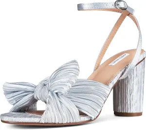 Lovee Cosee Women's Bow Knot Heeled Sandals Pleated Open Toe Ankle Strap Chunky Heels for Bride Wedding