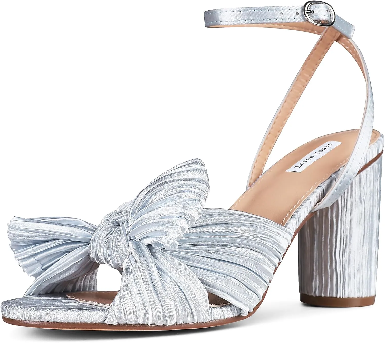 Lovee Cosee Women's Bow Knot Heeled Sandals Pleated Open Toe Ankle Strap Chunky Heels for Bride Wedding