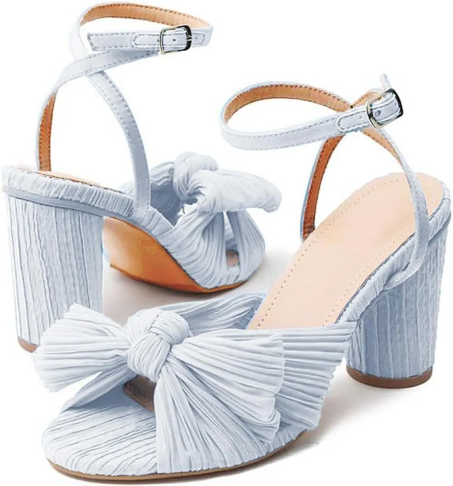 Lovee Cosee Women's Bow Knot Heeled Sandals Pleated Open Toe Ankle Strap Chunky Heels for Bride Wedding