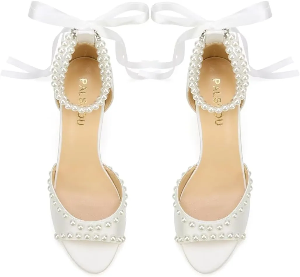 Low Heel Wedding Shoes for Bride Pearl Heels Bridal Shoes Women Wedding Sandals