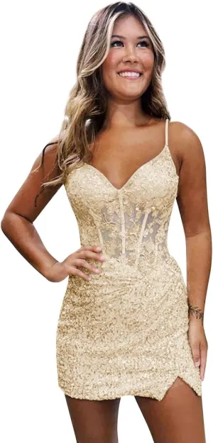 Loyeloy Short Homecoming Dresses for Teens 2025 V Neck Sparkly Sequin Applique Prom Evening Gowns