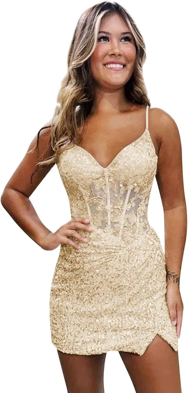 Loyeloy Short Homecoming Dresses for Teens 2025 V Neck Sparkly Sequin Applique Prom Evening Gowns