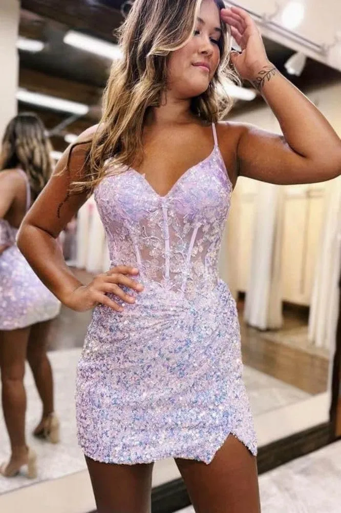 Loyeloy Short Homecoming Dresses for Teens 2025 V Neck Sparkly Sequin Applique Prom Evening Gowns