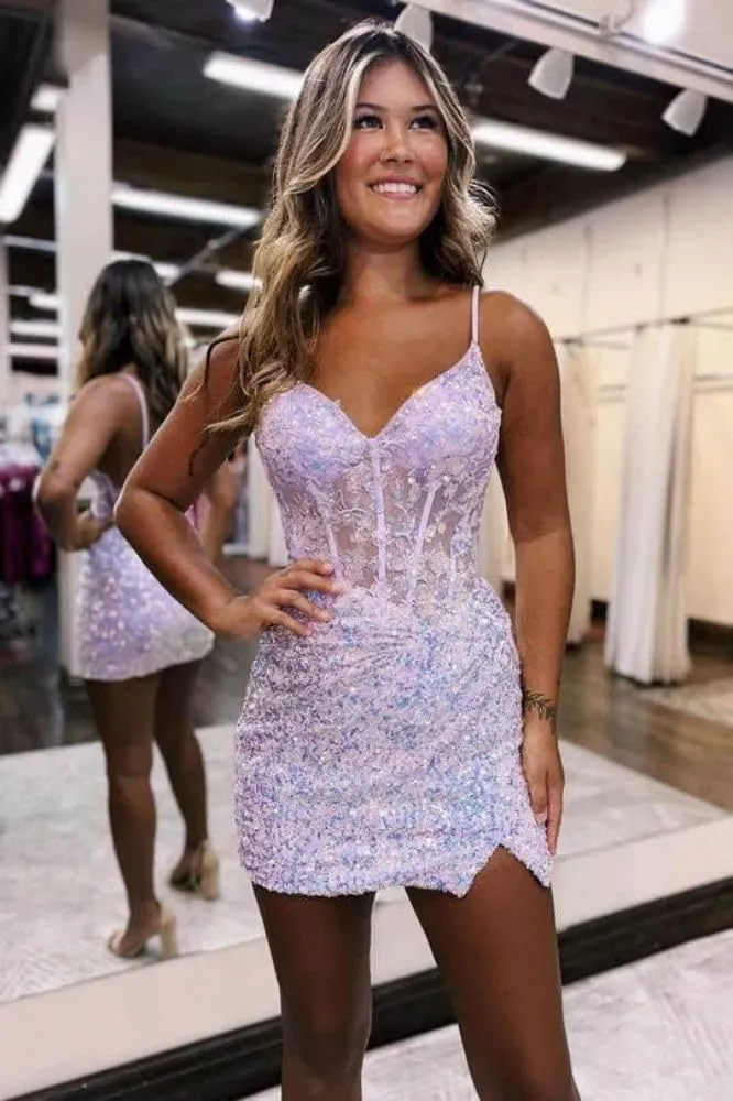 Loyeloy Short Homecoming Dresses for Teens 2025 V Neck Sparkly Sequin Applique Prom Evening Gowns