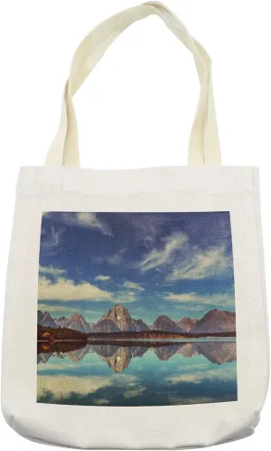 Lunarable National Park Tote Bag, Grand Teton Adventurous All Encompassing Imagery Speculation Reflection, Cloth Linen Reusable Bag for Shopping Books Beach and More, 16.5" X 14", Cream