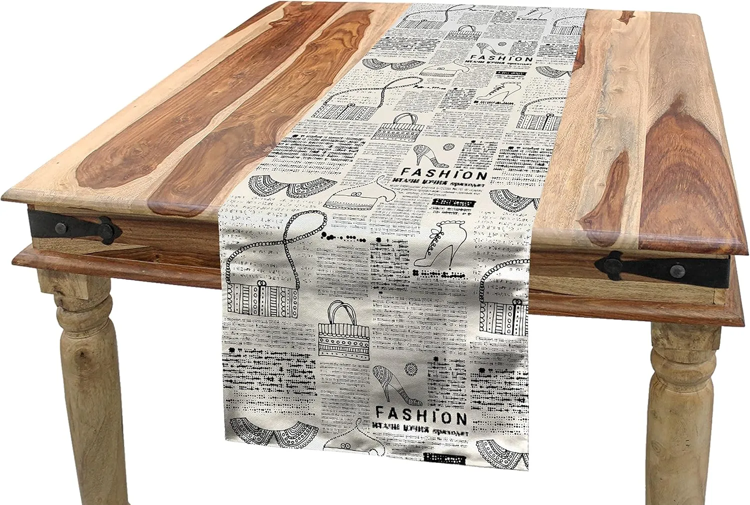 Lunarable Old Newspaper Table Runner, Vintage Fashion Themed Shoes Handbag Purses with Ornate Details Retro, Dining Room Kitchen Rectangular Runner, 14" X 90", Black Cream