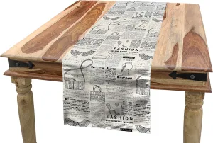 Lunarable Old Newspaper Table Runner, Vintage Fashion Themed Shoes Handbag Purses with Ornate Details Retro, Dining Room Kitchen Rectangular Runner, 14" X 90", Black Cream
