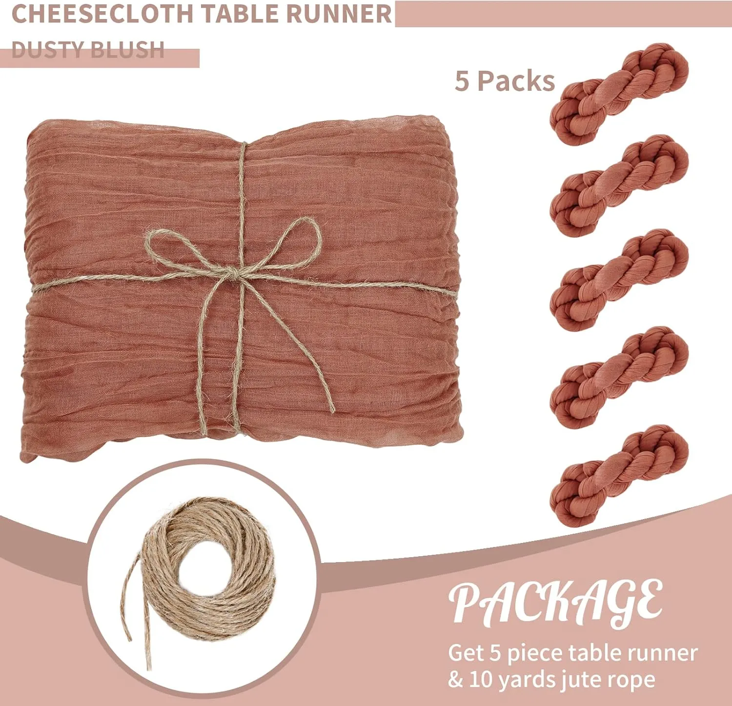 LuoluoHouse 5 Pack 10ft Cheesecloth Table Runner Boho Gauze Table Fabric for Wedding Bridal Shower Birthday Party Baby Shower Decorations 35x120 Inch Dusty Blush