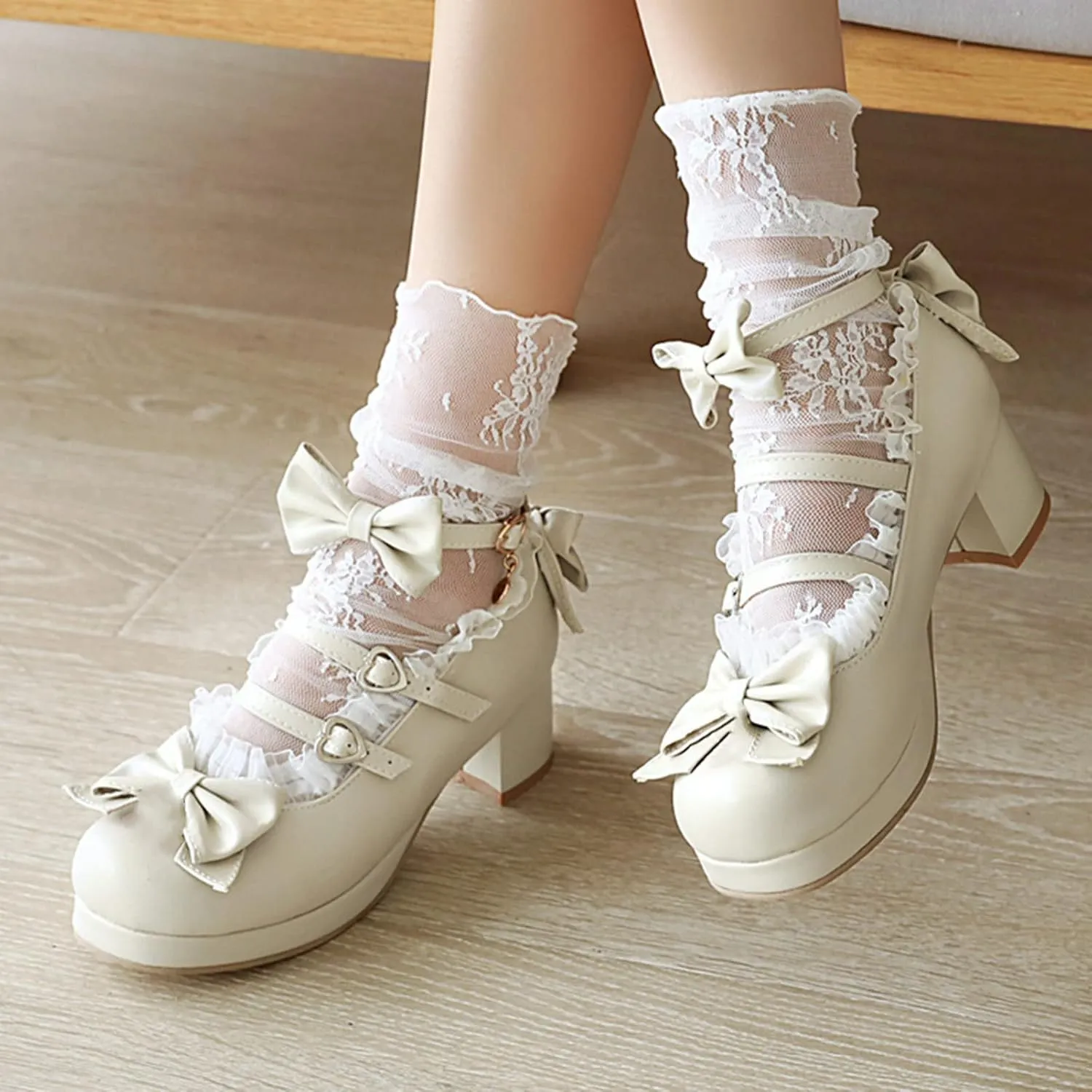 LUXMAX Women Cute Shoes Kawaii Pumps Mid Block Heel Mary Janes Platform Sweet Cosplay Dress Shoes Strappy Ankle Strap Pumps with Bow