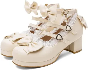 LUXMAX Women Cute Shoes Kawaii Pumps Mid Block Heel Mary Janes Platform Sweet Cosplay Dress Shoes Strappy Ankle Strap Pumps with Bow