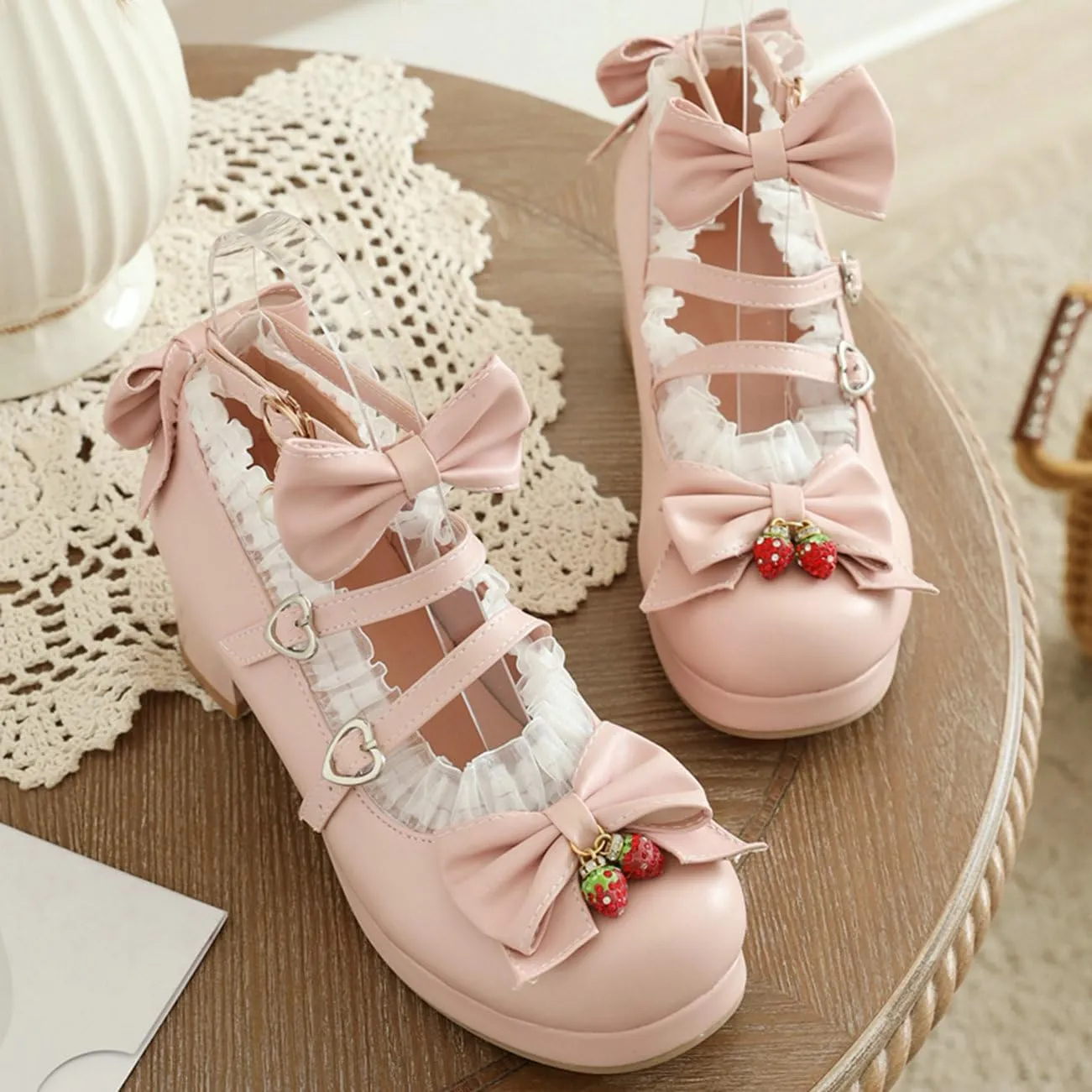 LUXMAX Women Cute Shoes Kawaii Pumps Mid Block Heel Mary Janes Platform Sweet Cosplay Dress Shoes Strappy Ankle Strap Pumps with Bow