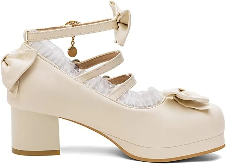 LUXMAX Women Cute Shoes Kawaii Pumps Mid Block Heel Mary Janes Platform Sweet Cosplay Dress Shoes Strappy Ankle Strap Pumps with Bow