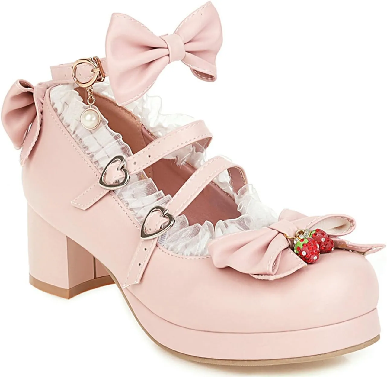 LUXMAX Women Cute Shoes Kawaii Pumps Mid Block Heel Mary Janes Platform Sweet Cosplay Dress Shoes Strappy Ankle Strap Pumps with Bow