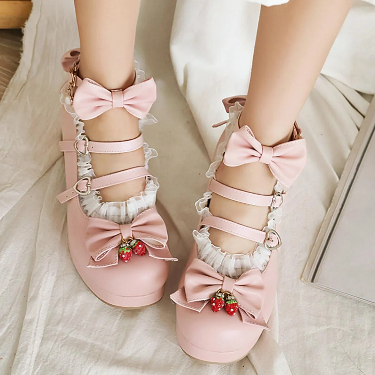 LUXMAX Women Cute Shoes Kawaii Pumps Mid Block Heel Mary Janes Platform Sweet Cosplay Dress Shoes Strappy Ankle Strap Pumps with Bow