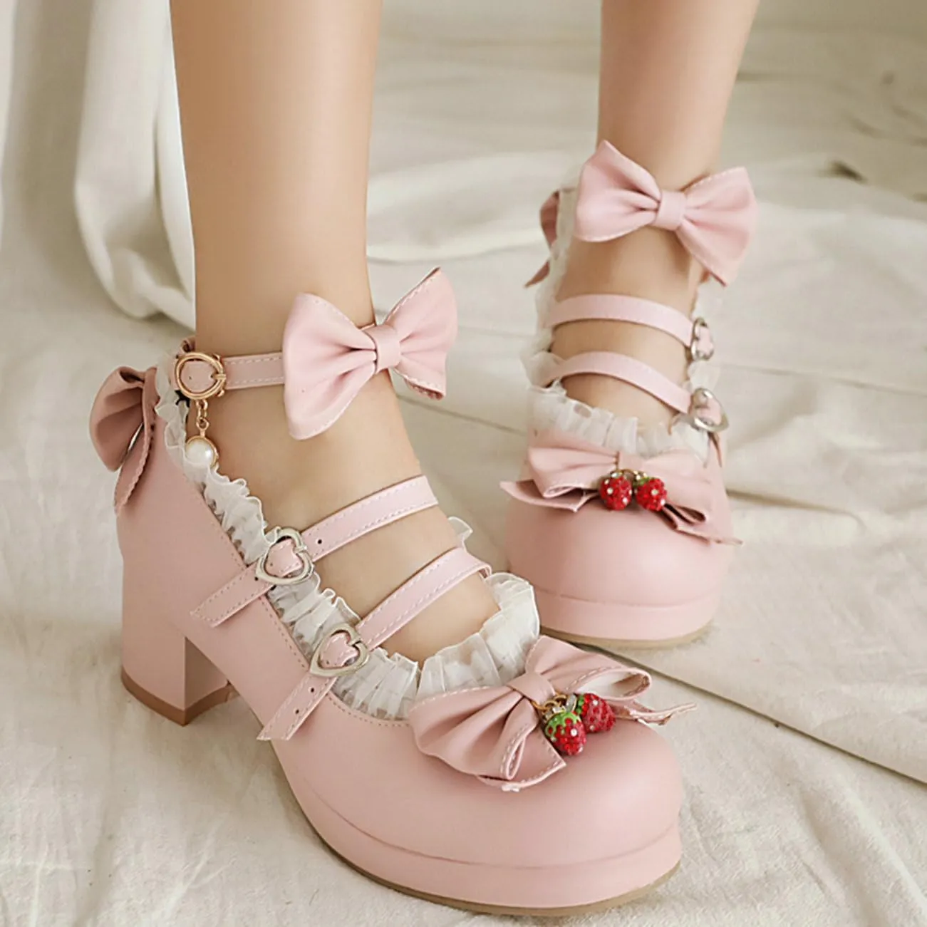 LUXMAX Women Cute Shoes Kawaii Pumps Mid Block Heel Mary Janes Platform Sweet Cosplay Dress Shoes Strappy Ankle Strap Pumps with Bow