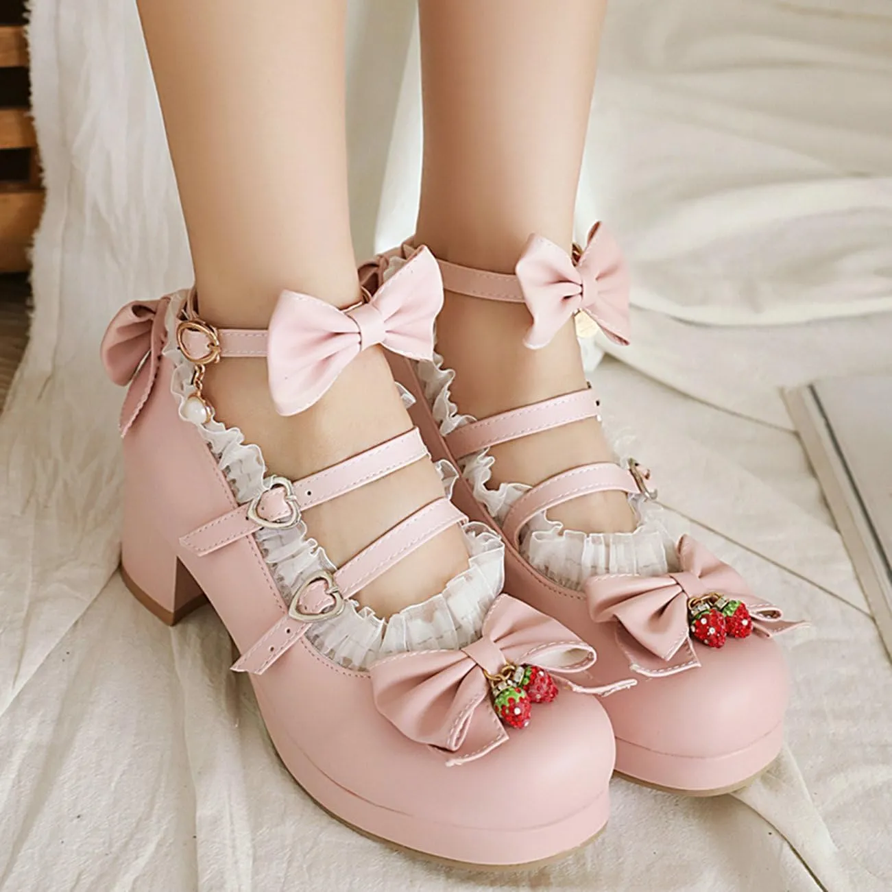 LUXMAX Women Cute Shoes Kawaii Pumps Mid Block Heel Mary Janes Platform Sweet Cosplay Dress Shoes Strappy Ankle Strap Pumps with Bow