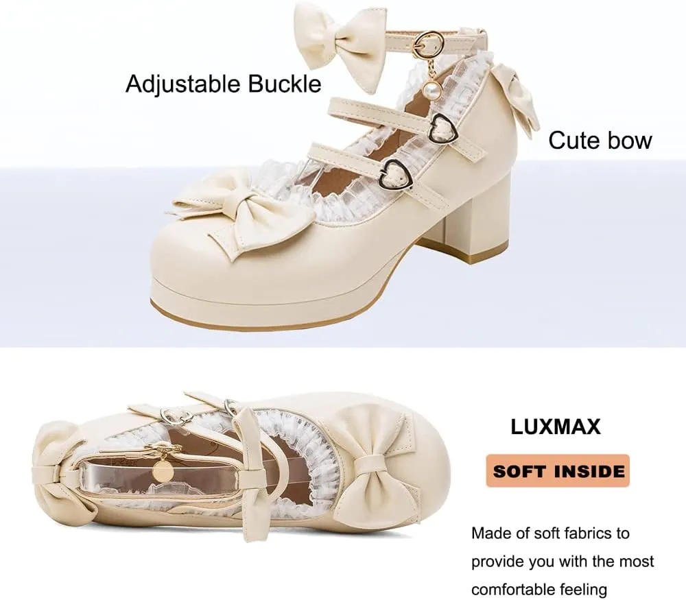 LUXMAX Women Cute Shoes Kawaii Pumps Mid Block Heel Mary Janes Platform Sweet Cosplay Dress Shoes Strappy Ankle Strap Pumps with Bow