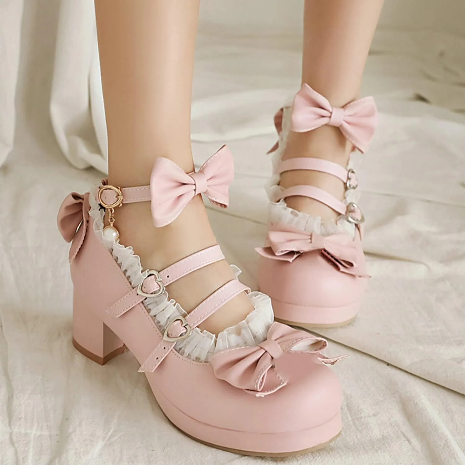 LUXMAX Women Cute Shoes Kawaii Pumps Mid Block Heel Mary Janes Platform Sweet Cosplay Dress Shoes Strappy Ankle Strap Pumps with Bow