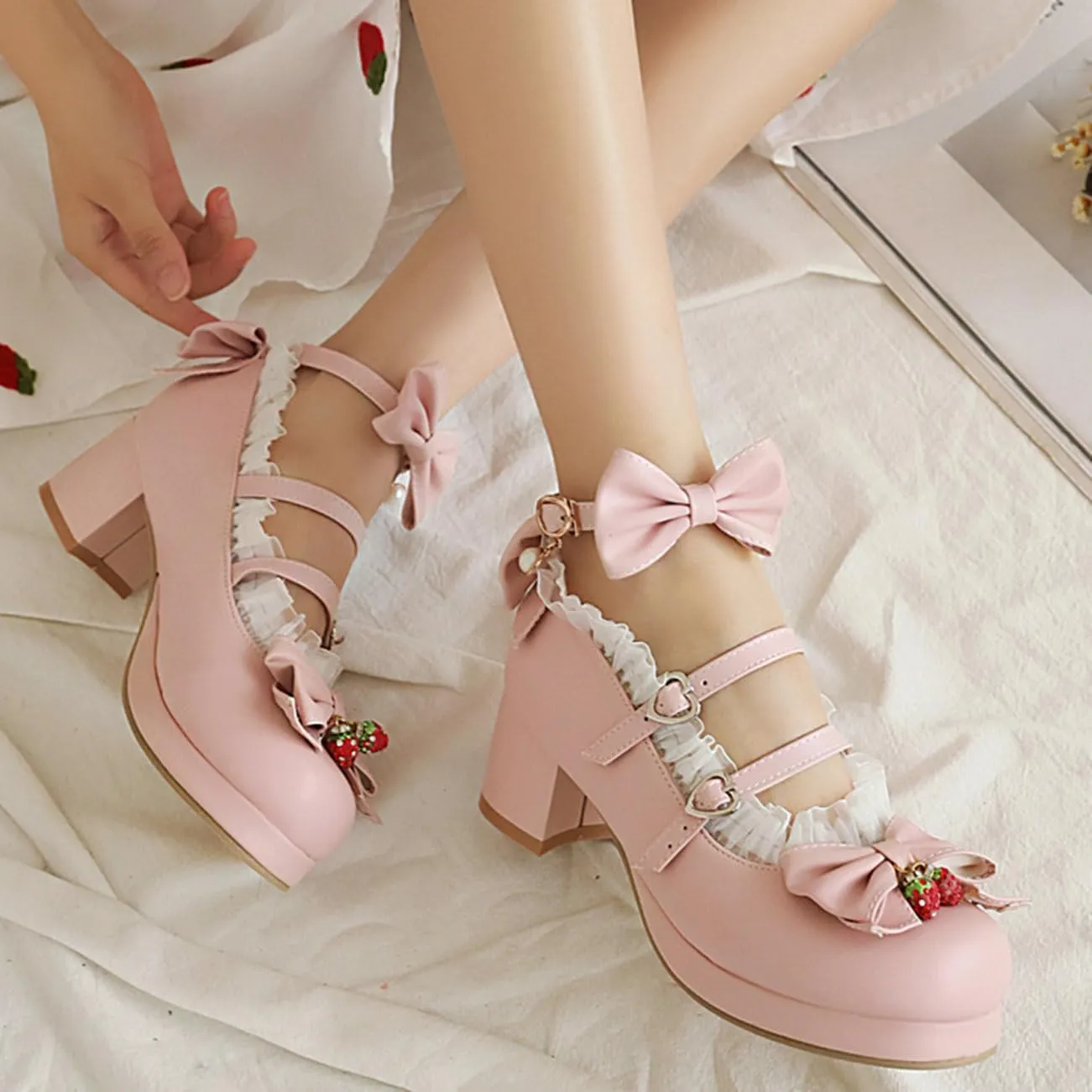 LUXMAX Women Cute Shoes Kawaii Pumps Mid Block Heel Mary Janes Platform Sweet Cosplay Dress Shoes Strappy Ankle Strap Pumps with Bow