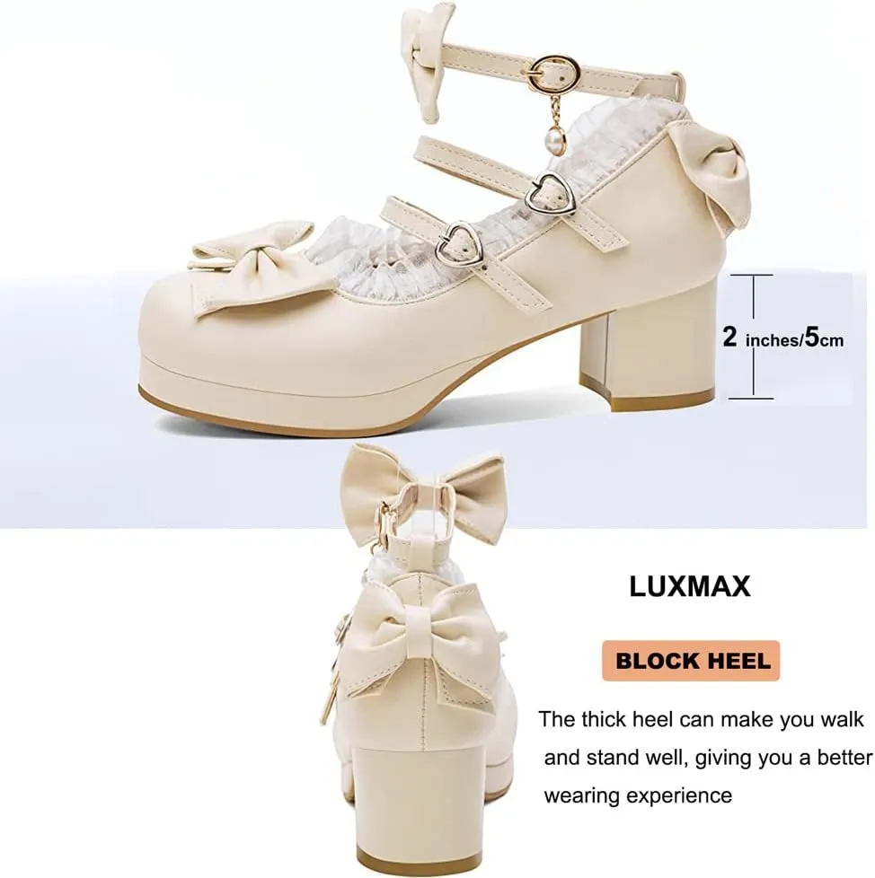 LUXMAX Women Cute Shoes Kawaii Pumps Mid Block Heel Mary Janes Platform Sweet Cosplay Dress Shoes Strappy Ankle Strap Pumps with Bow