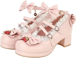 LUXMAX Women Cute Shoes Kawaii Pumps Mid Block Heel Mary Janes Platform Sweet Cosplay Dress Shoes Strappy Ankle Strap Pumps with Bow
