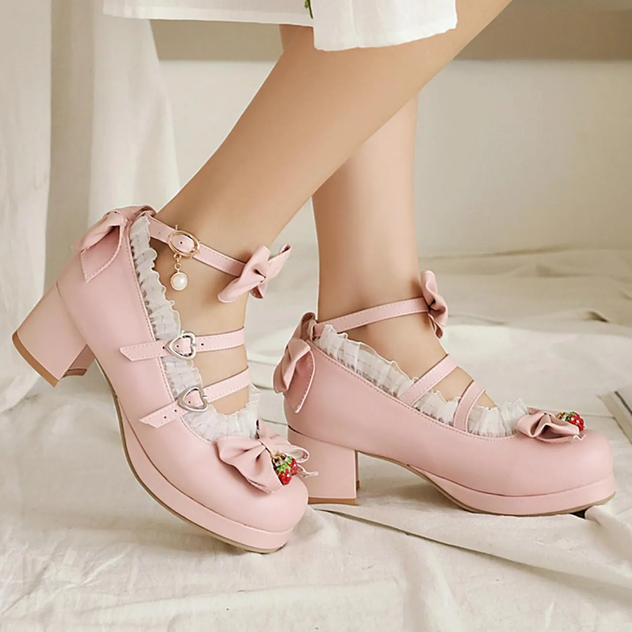 LUXMAX Women Cute Shoes Kawaii Pumps Mid Block Heel Mary Janes Platform Sweet Cosplay Dress Shoes Strappy Ankle Strap Pumps with Bow
