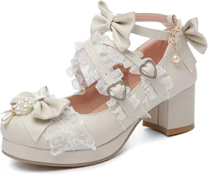 LUXMAX Women's Kawaii Shoes Cross Strap Pumps Cute Ankle Strap Mary Jane Shoes Wedding Lace Mid Chunky Heel Pumps