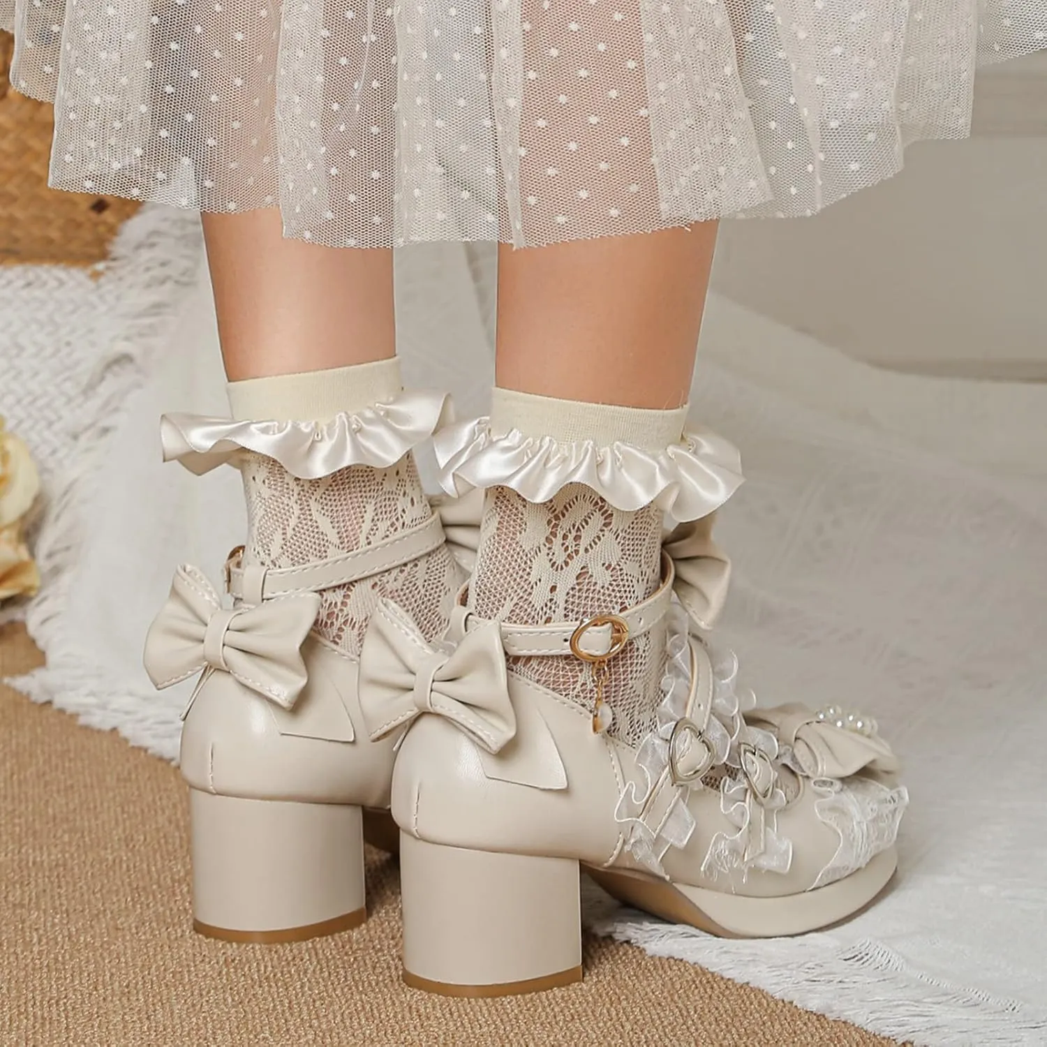 LUXMAX Women's Kawaii Shoes Cross Strap Pumps Cute Ankle Strap Mary Jane Shoes Wedding Lace Mid Chunky Heel Pumps