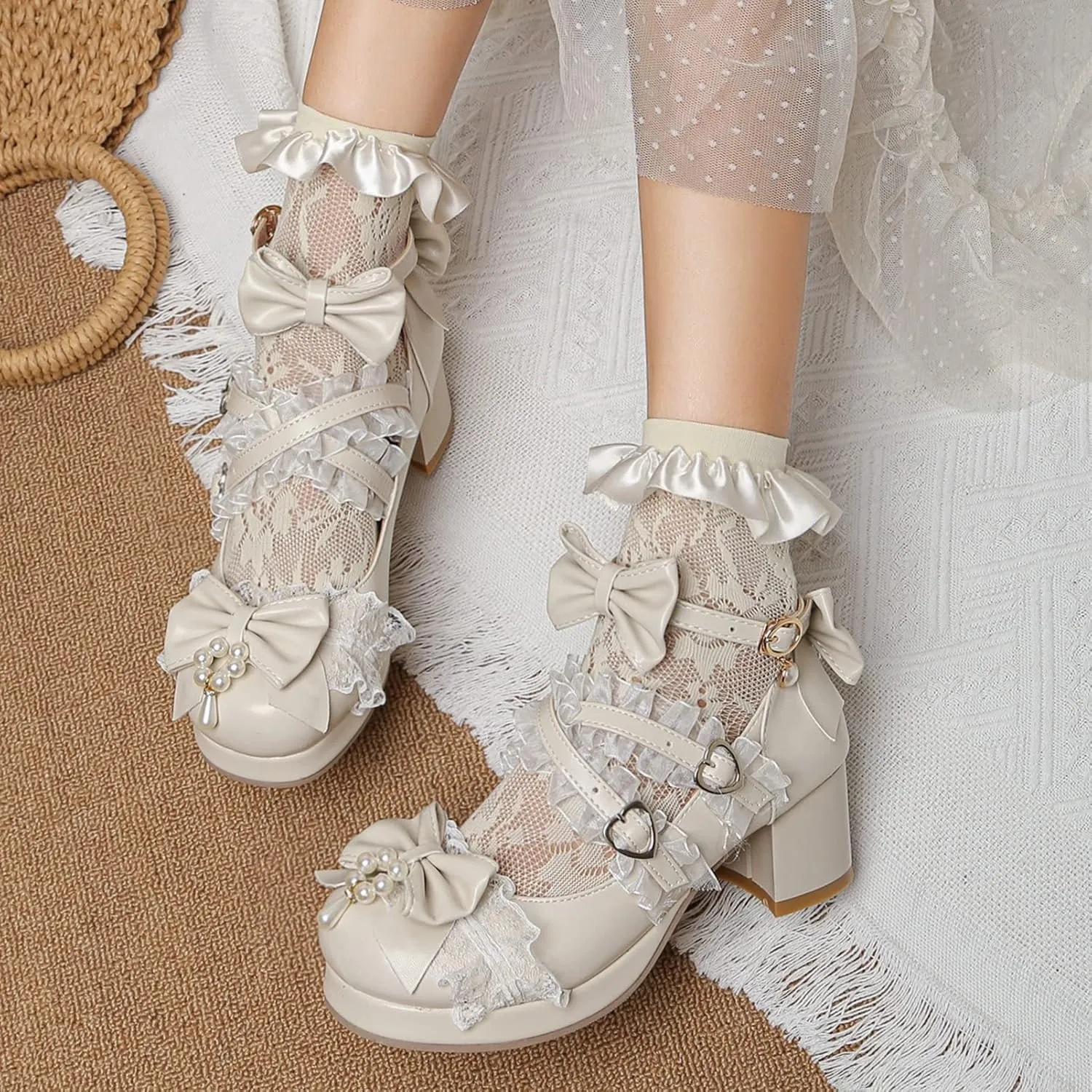 LUXMAX Women's Kawaii Shoes Cross Strap Pumps Cute Ankle Strap Mary Jane Shoes Wedding Lace Mid Chunky Heel Pumps