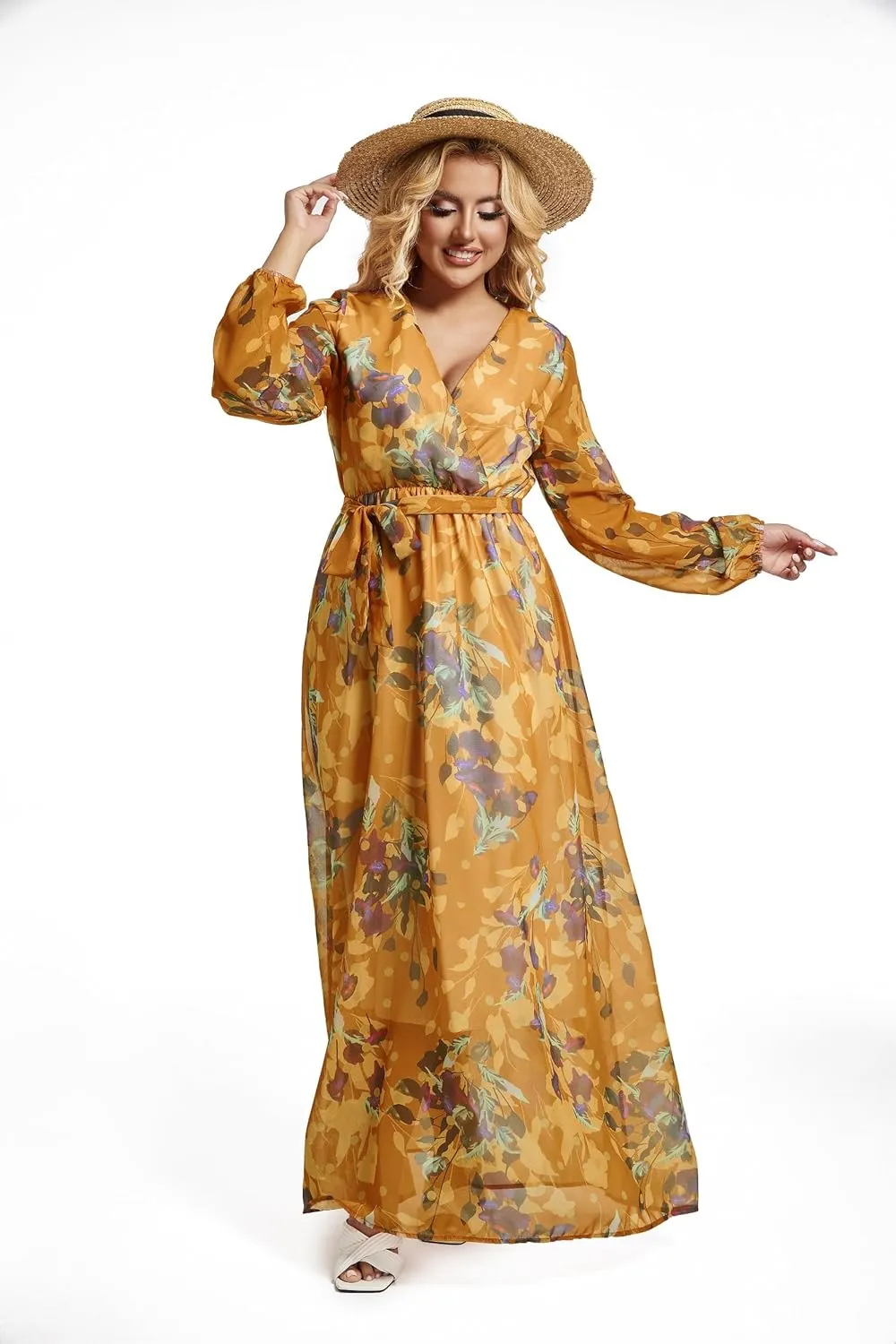 lvenzse Womens Maxi Dress Boho Chiffon Floral Printed Long Party Dresses Plus Size with Belt (FBA)
