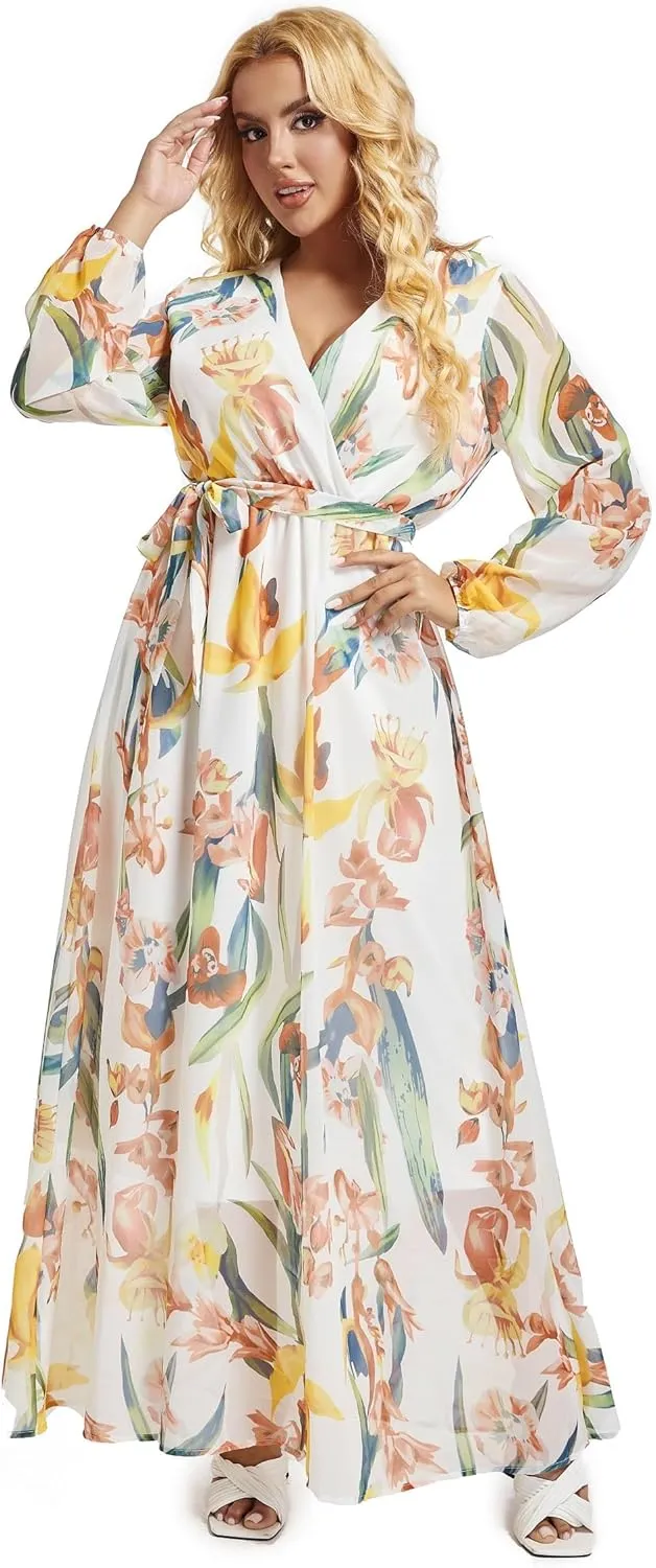 lvenzse Womens Maxi Dress Boho Chiffon Floral Printed Long Party Dresses Plus Size with Belt (FBA)
