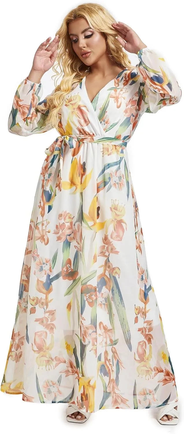 lvenzse Womens Maxi Dress Boho Chiffon Floral Printed Long Party Dresses Plus Size with Belt (FBA)
