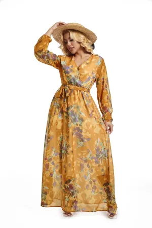 lvenzse Womens Maxi Dress Boho Chiffon Floral Printed Long Party Dresses Plus Size with Belt (FBA)