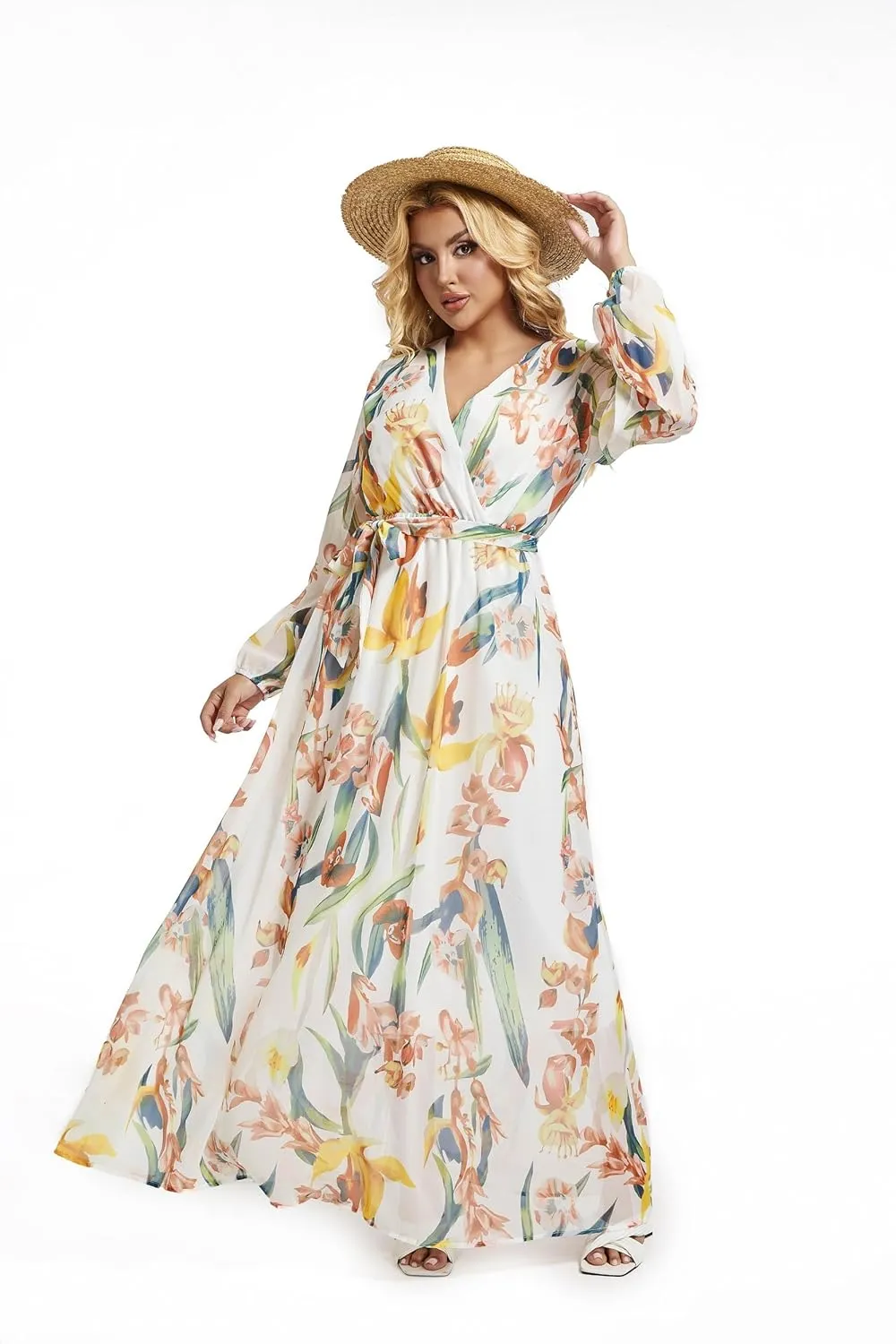 lvenzse Womens Maxi Dress Boho Chiffon Floral Printed Long Party Dresses Plus Size with Belt (FBA)