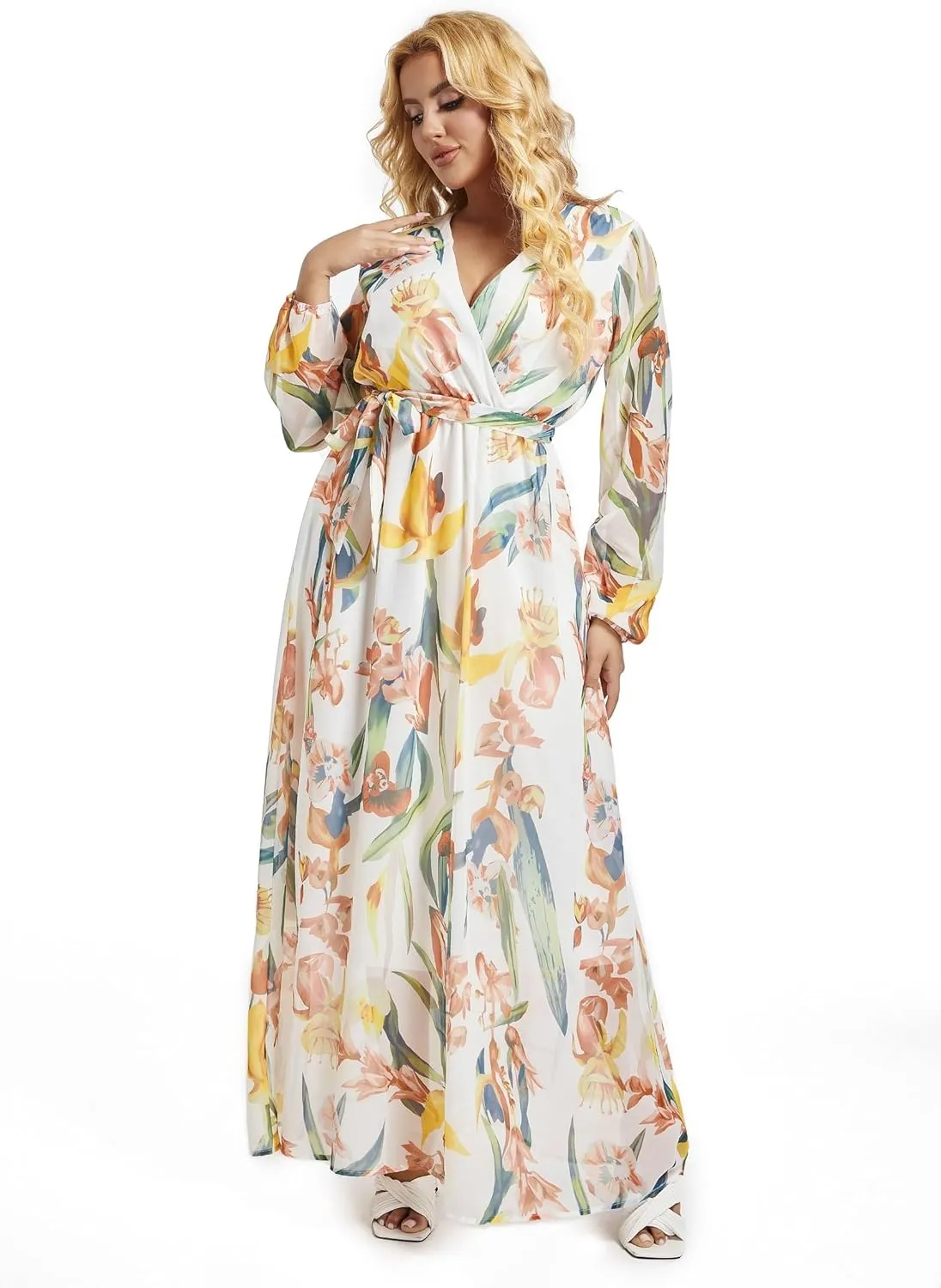 lvenzse Womens Maxi Dress Boho Chiffon Floral Printed Long Party Dresses Plus Size with Belt (FBA)