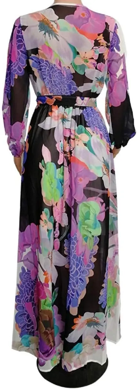 lvenzse Womens Maxi Dress Boho Chiffon Floral Printed Long Party Dresses Plus Size with Belt (FBA)