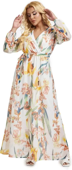 lvenzse Womens Maxi Dress Boho Chiffon Floral Printed Long Party Dresses Plus Size with Belt (FBA)