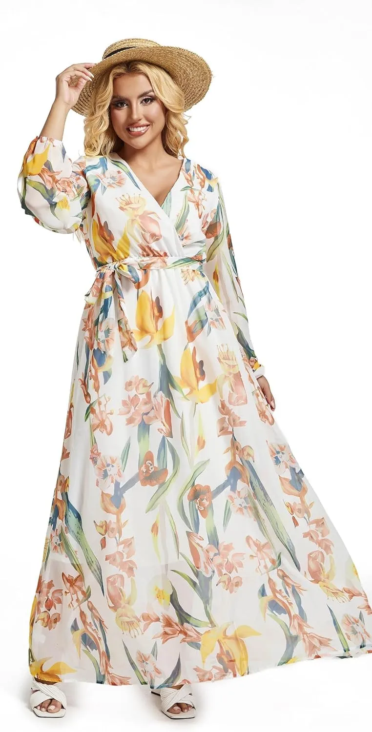 lvenzse Womens Maxi Dress Boho Chiffon Floral Printed Long Party Dresses Plus Size with Belt (FBA)