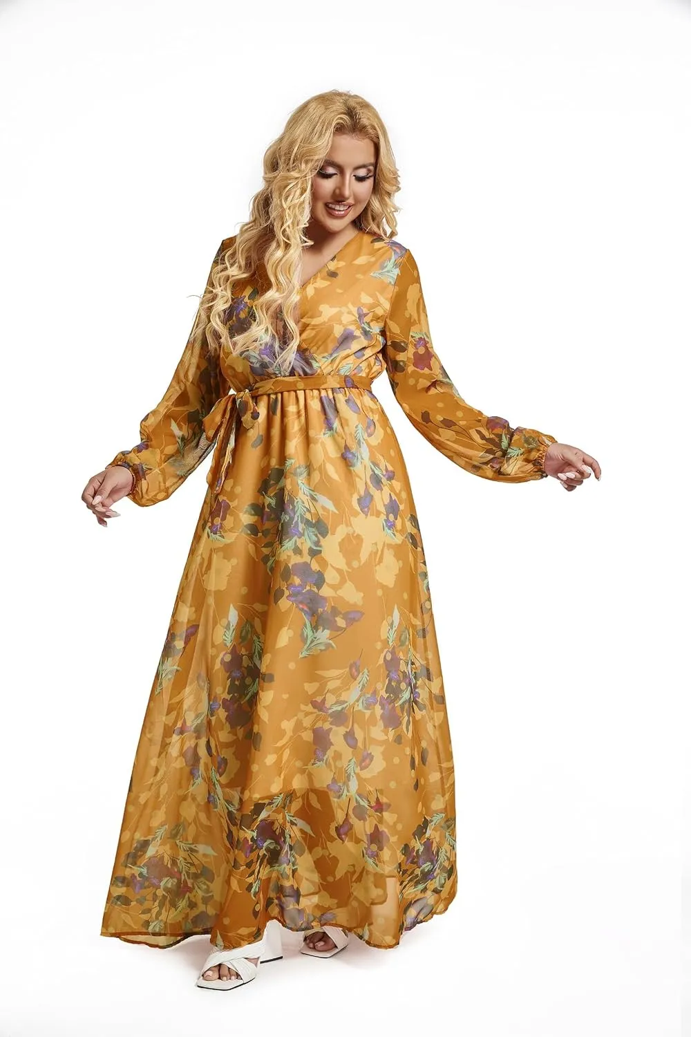 lvenzse Womens Maxi Dress Boho Chiffon Floral Printed Long Party Dresses Plus Size with Belt (FBA)